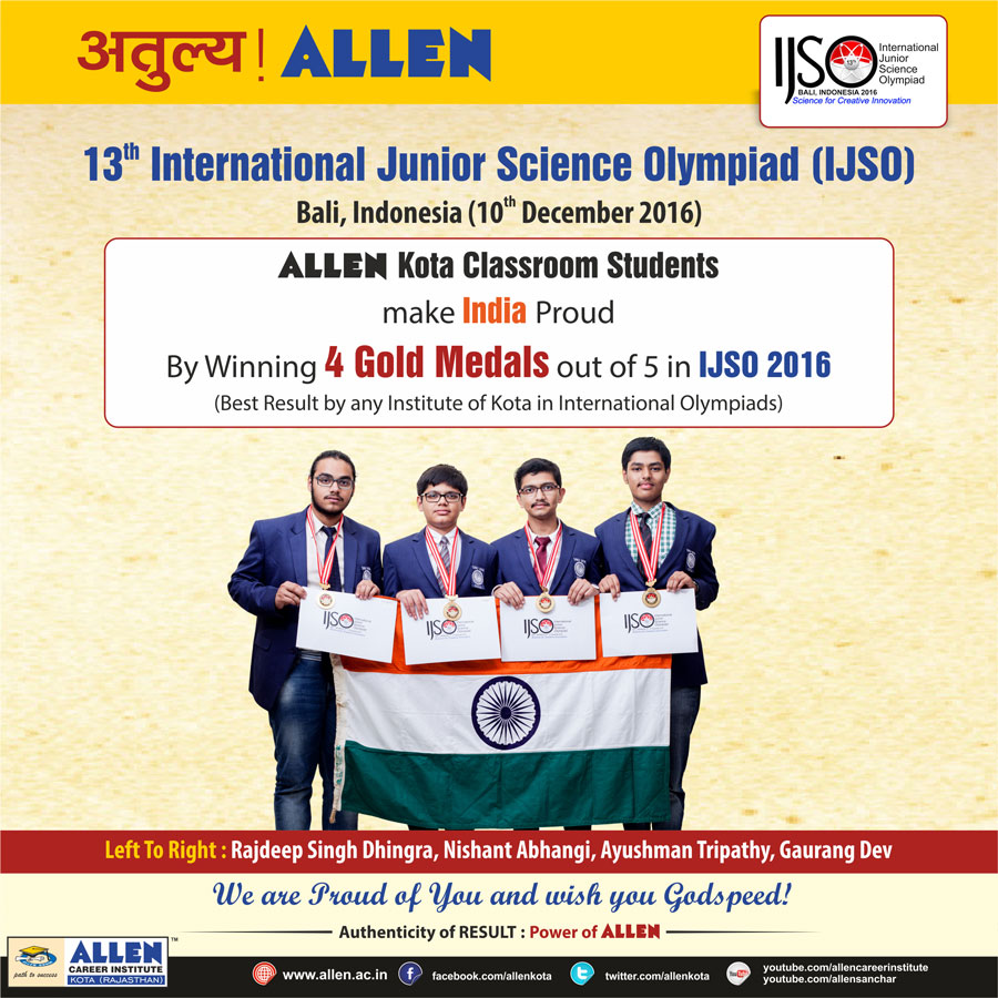 13th International Junior Science Olympiad (IJSO) Result 2016 ALLEN