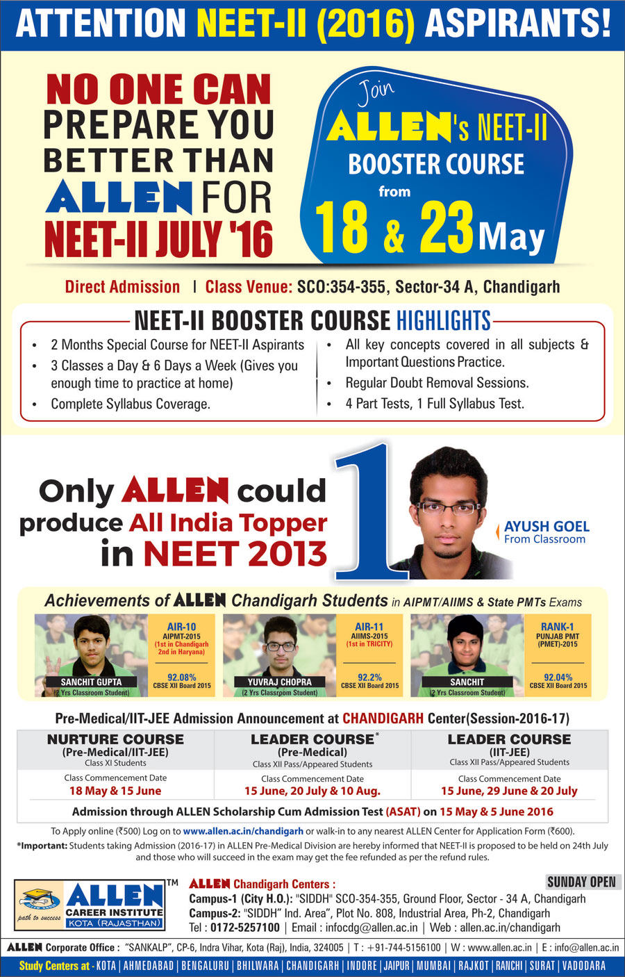 NEETUG II 2016 CRASH COURSE ALLEN Career Institute, Chandigarh
