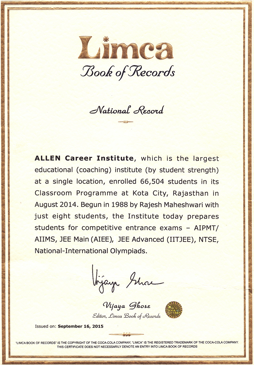 ALLEN Career Institute Largest Educational Institute in India by Limca Book of Records