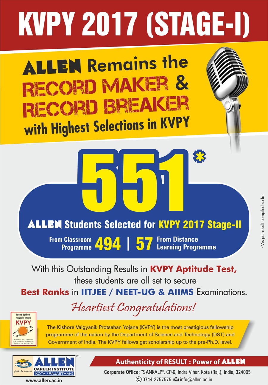 KVPY Aptitude Test 2017 Stage I Result Kishore Vaigyanik Protsahan Yojana KVPY 2017 Result